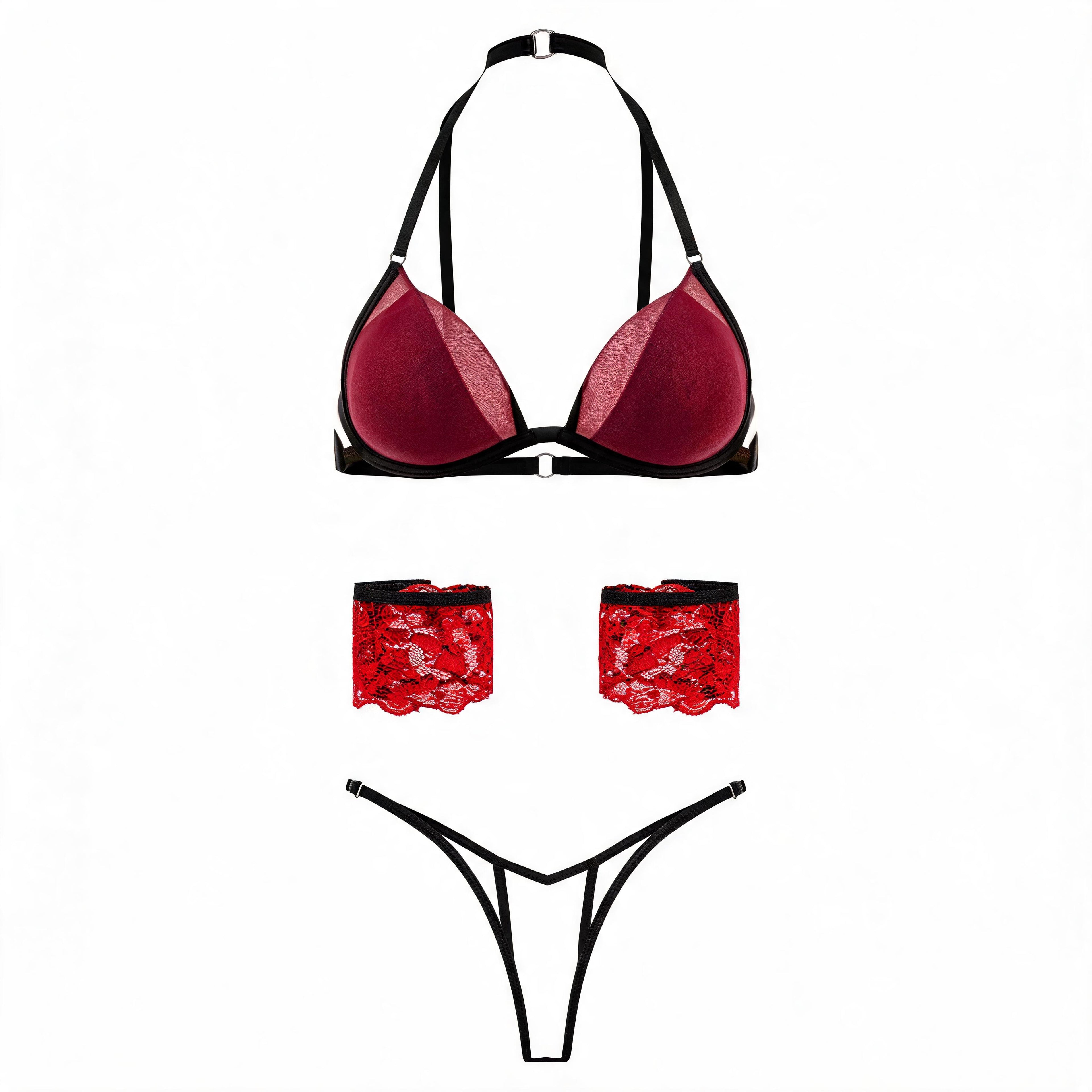 Conjunto Sexy em Renda com Choker e Algemas