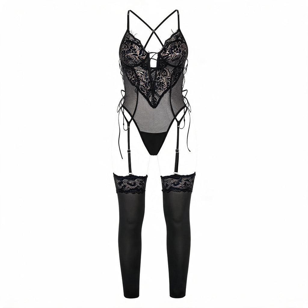 Corset Lace-Up em Renda e Tule