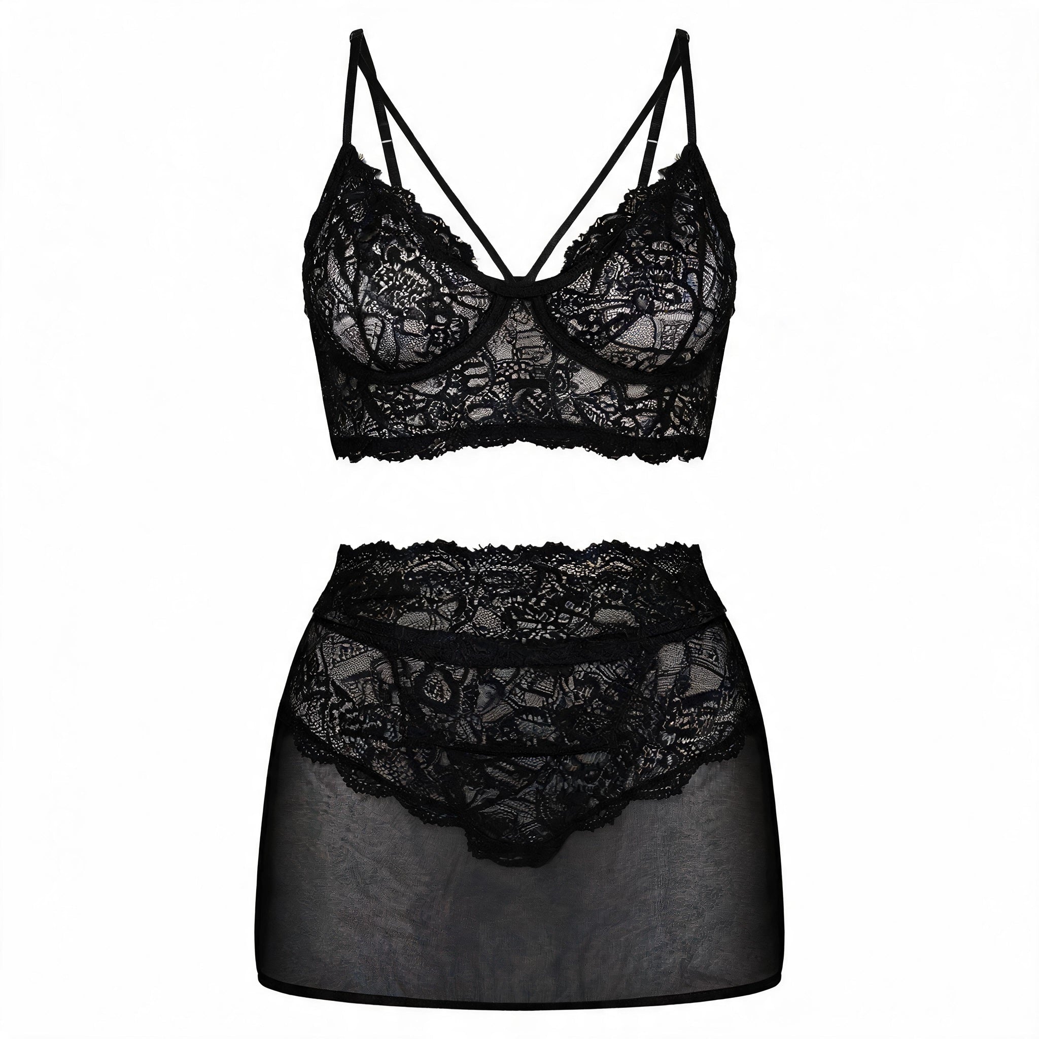 Conjunto em Tule e Renda com Sainha Trançada