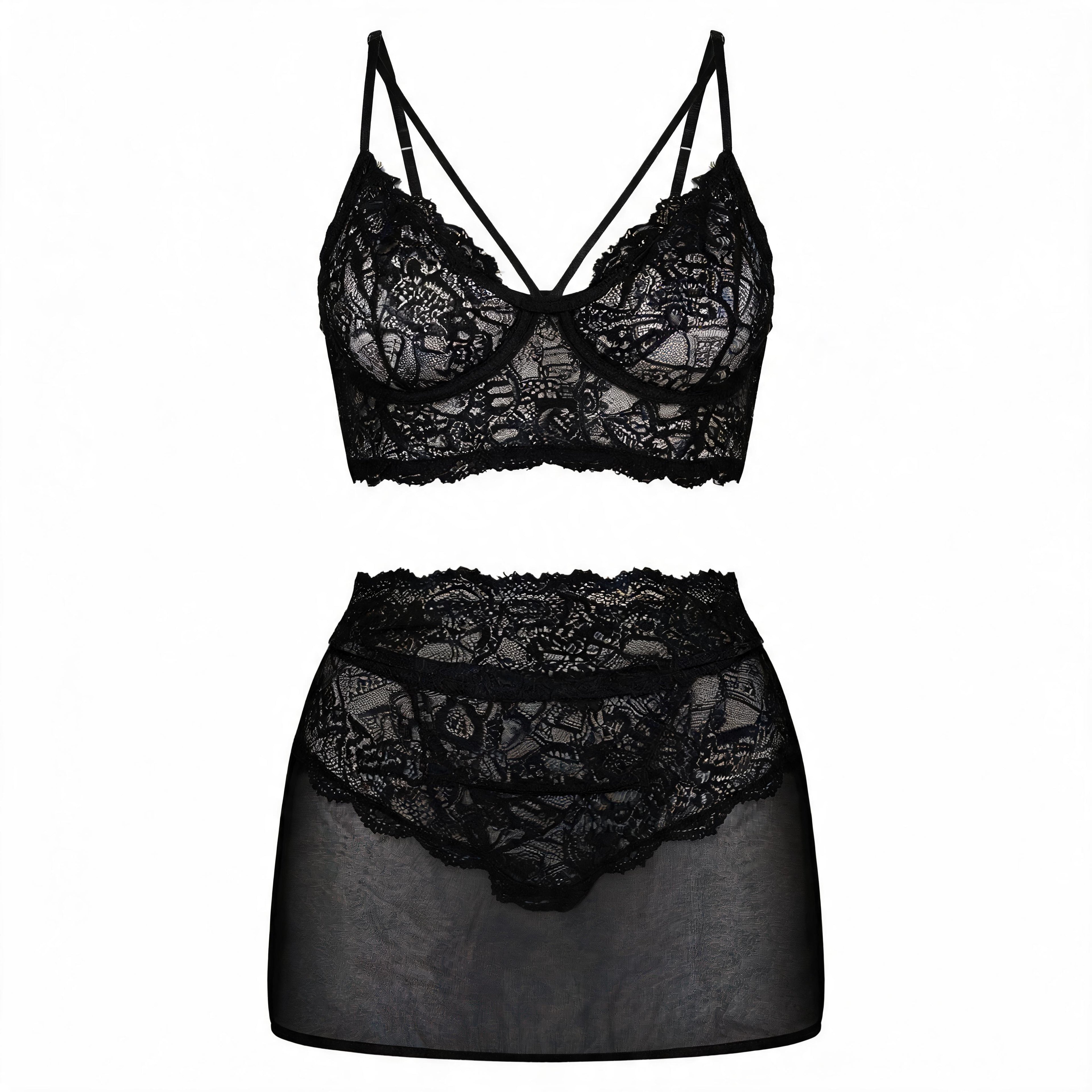 Conjunto em Tule e Renda com Sainha Trançada